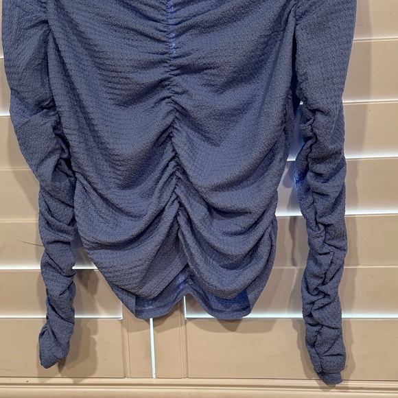 Elodie Textured Blue Gathered Blouse - Picture 8 of 8